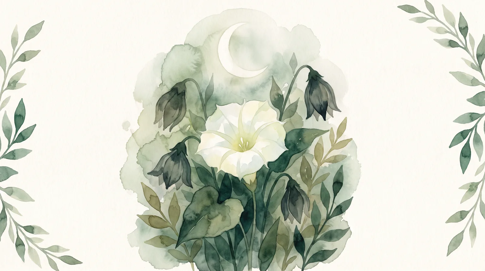 Watercolour of a night garden where every flower has closed except one, still open and luminous while the rest of the garden sleeps.