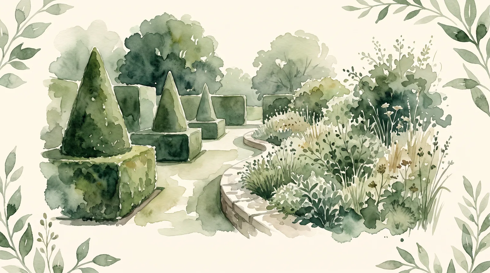 Watercolor of two gardens side by side: one pruned into exact geometric shapes, the other growing loose and at its own pace, under the same cream sky.