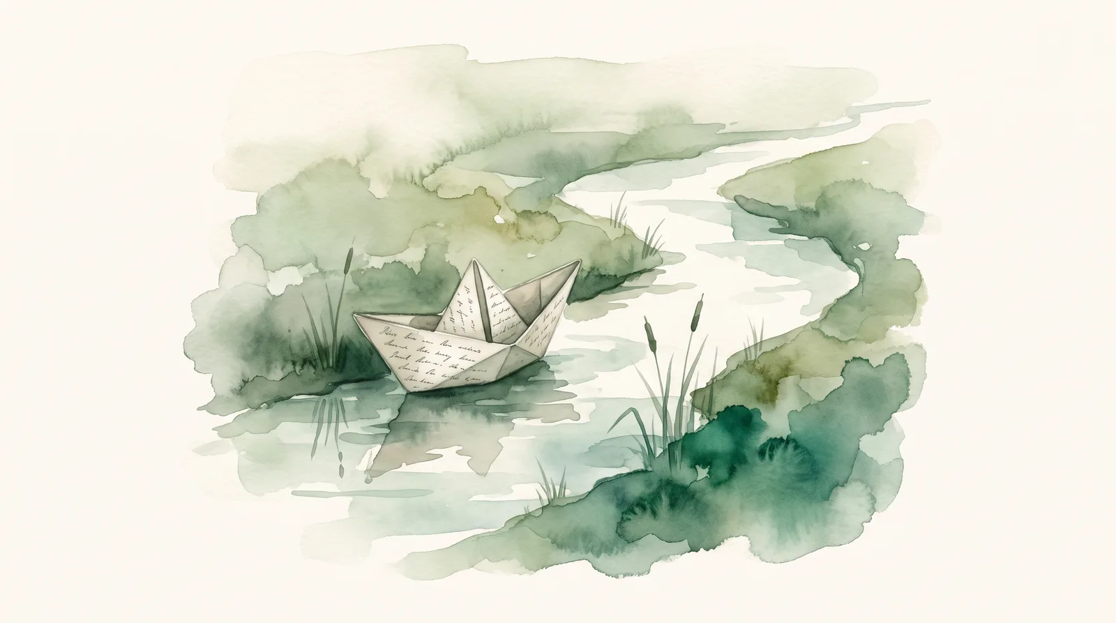 Acuarela de un barco de papel plegado con una carta manuscrita, tinta visible en los pliegues, al borde de un río suave a punto de soltarse.