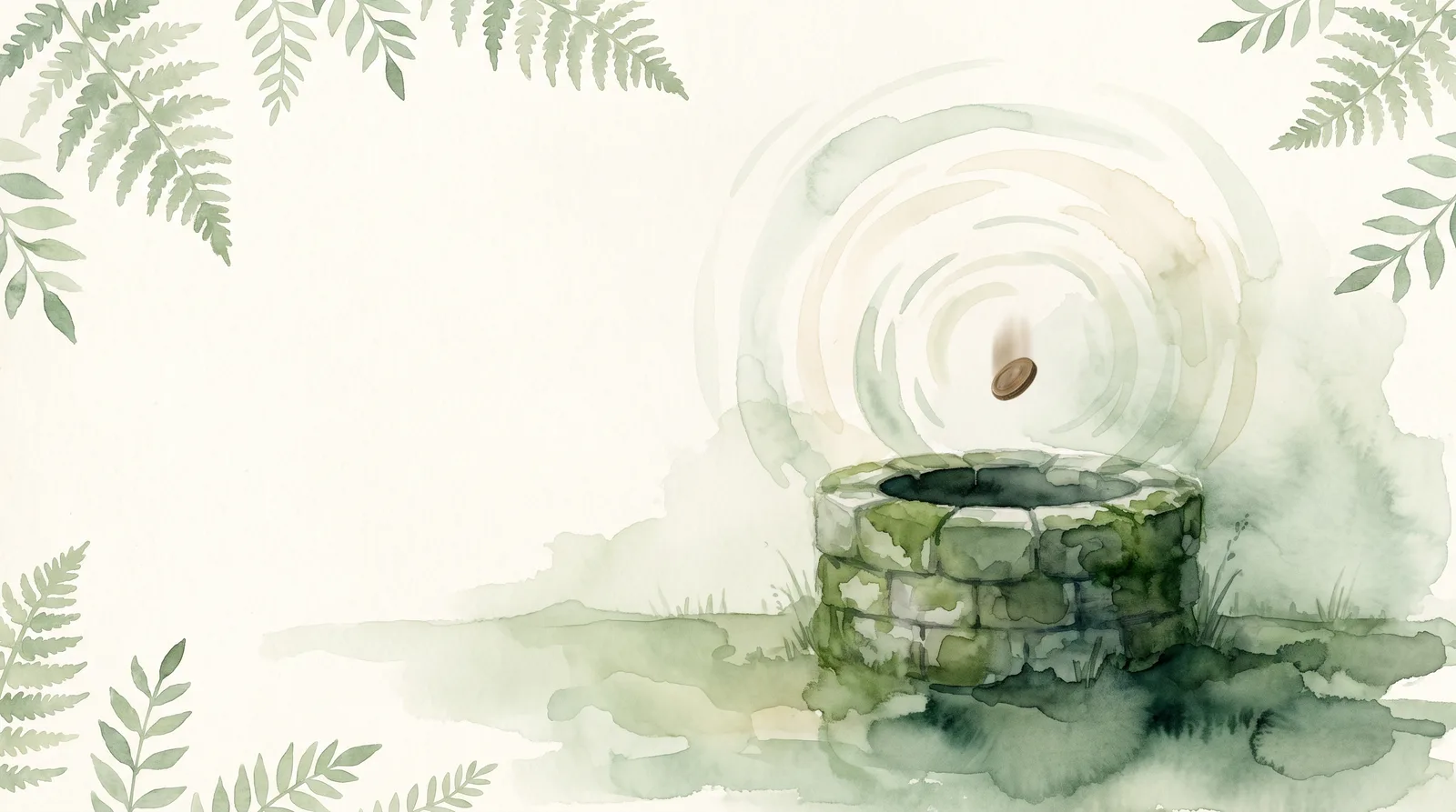 Watercolor of an old stone well in a green field at dawn, concentric ripples of light rising from the water below, like an echo answering back.
