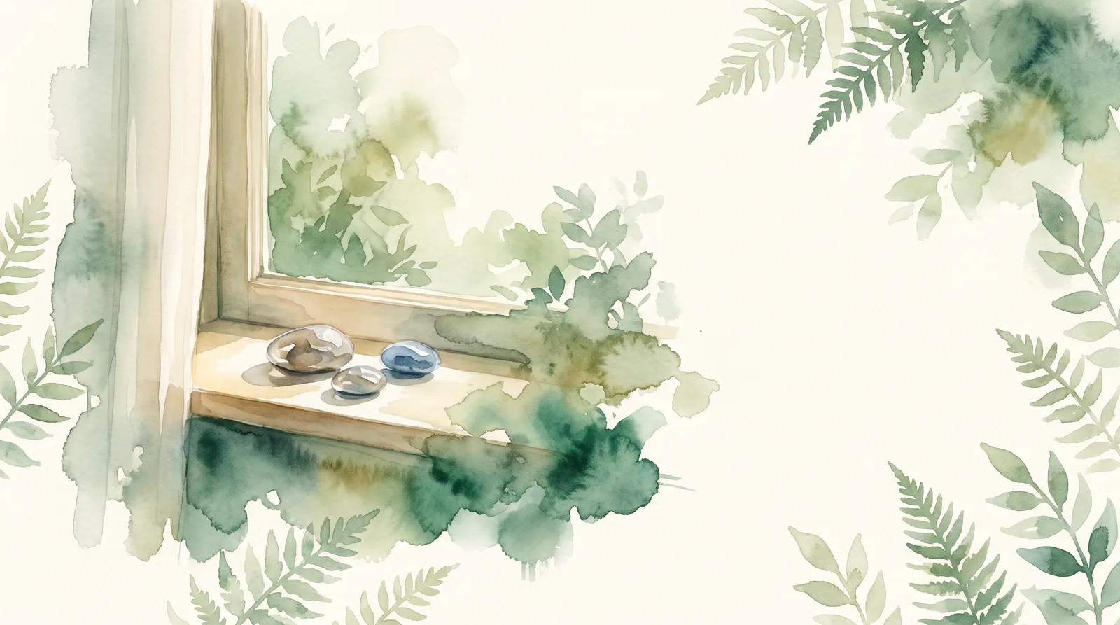 Watercolor of three small river stones, still wet, resting on a windowsill in soft morning light.