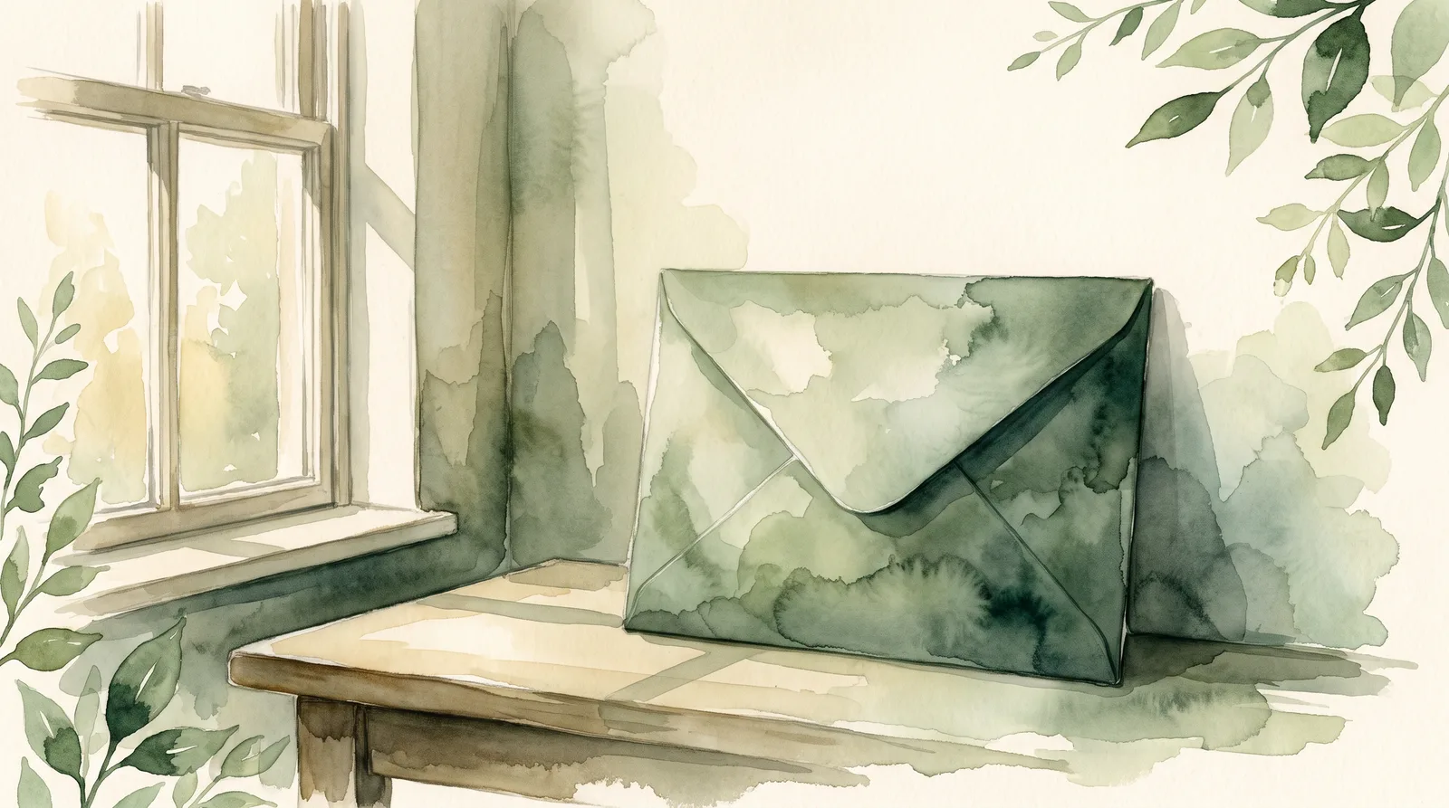 Watercolour of a sealed envelope on a table by a window, no address written on it, late afternoon light across the paper.