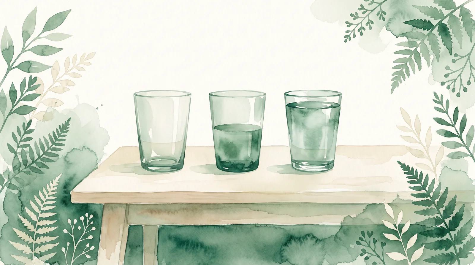 Acuarela de tres vasos de agua alineados: uno vacío, uno a la mitad y uno lleno, sobre una mesa de madera clara.