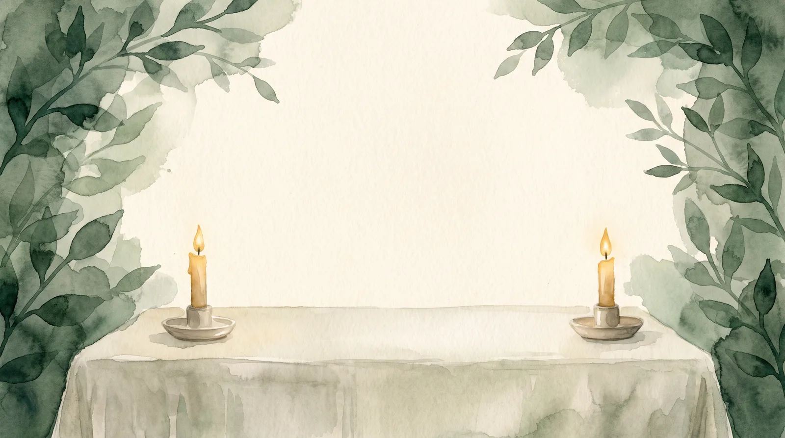 Acuarela de dos velas encendidas sobre una mesa puesta, separadas por un espacio de mantel vacío, bajo una luz cálida que hace más notable el silencio entre ellas.