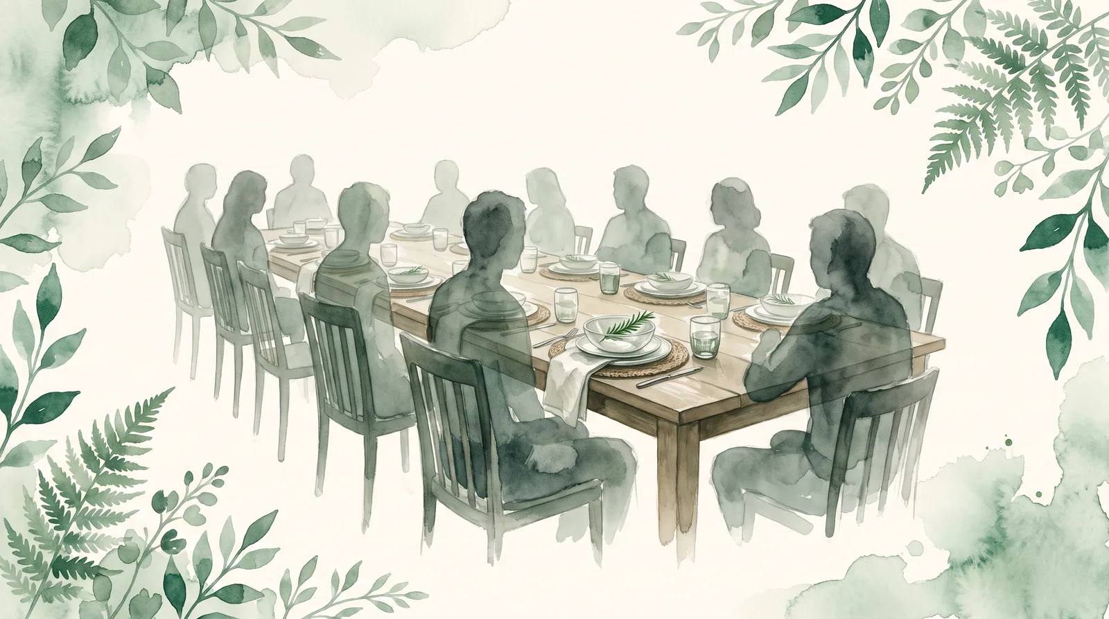 Watercolour of a long table set for many, every chair filled with soft shadow, and one place setting in sharp focus.