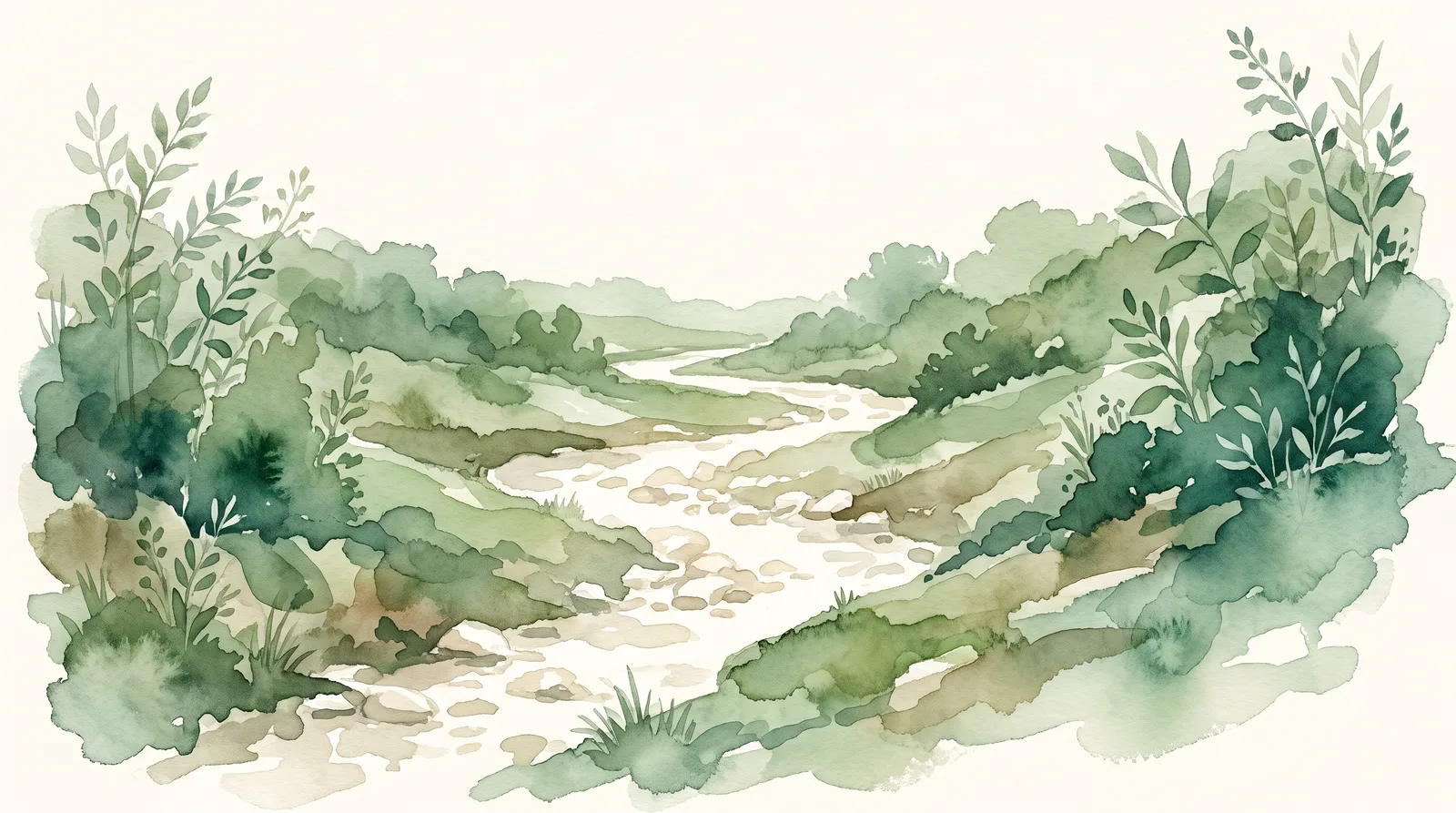 Watercolour of a dry riverbed of pale stones winding through a valley that stays green on both banks.