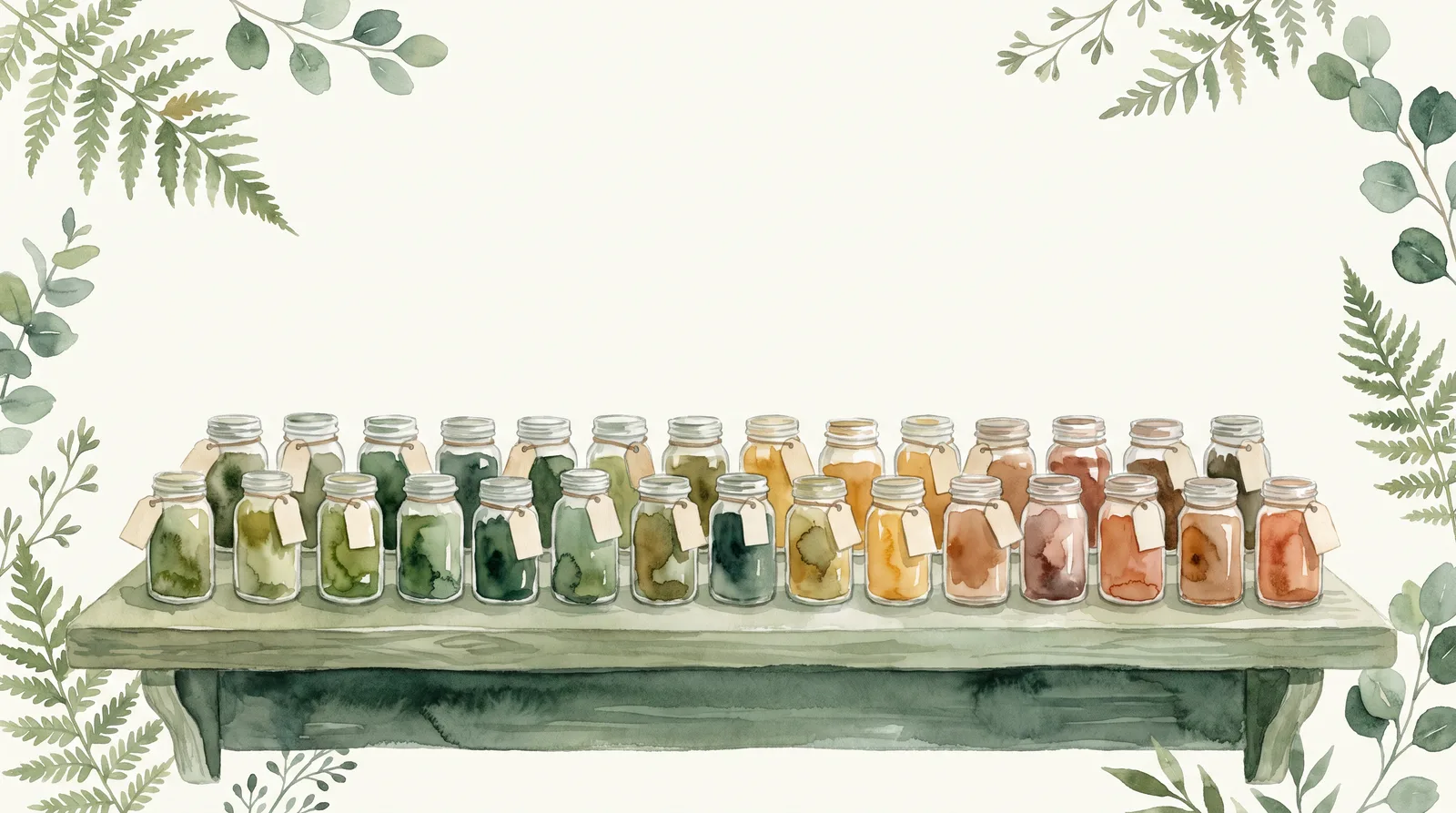 Watercolor of a botanist's shelf: glass jars holding plants and blooms, each with a handwritten label, against a cream background.