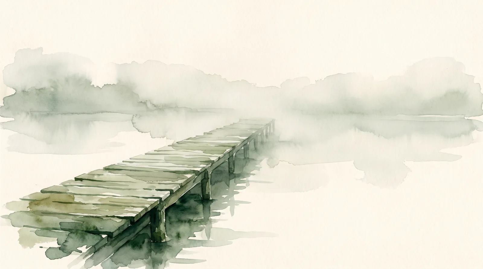 Acuarela de un muelle de madera que se adentra en la niebla del mar al amanecer, sin ningún barco a la vista.