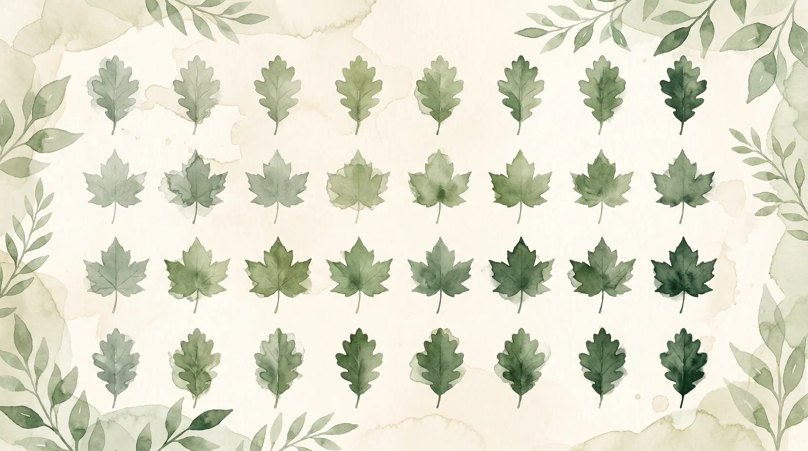 Acuarela de treinta hojas del mismo árbol dispuestas en filas sobre papel cream, cada una de un verde ligeramente distinto.