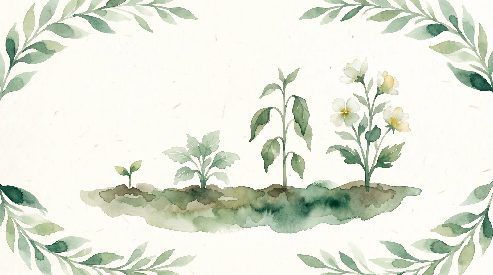 Acuarela de cuatro plantas en distintas etapas de crecimiento dentro de un mismo jardín.