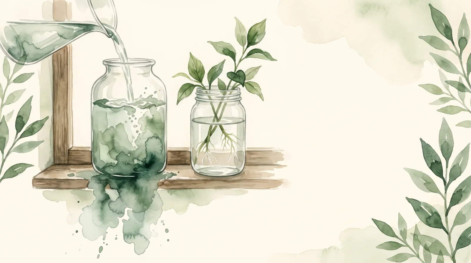 Watercolour of two glass jars on a windowsill: water pours through one and runs out, while still water in the other holds a cutting that has grown roots.