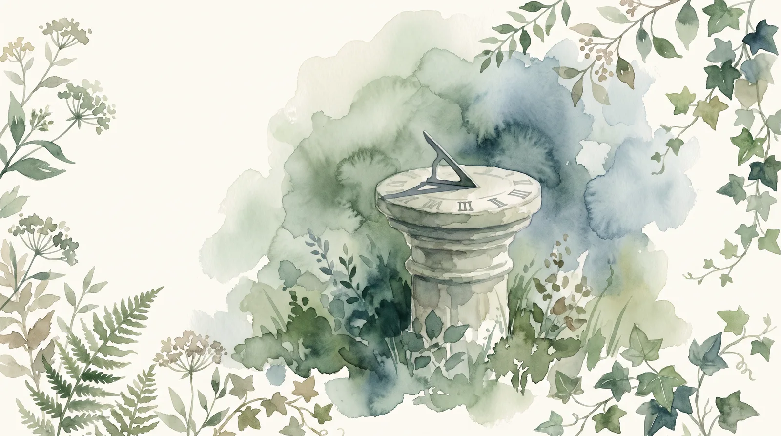 Watercolour of a stone sundial in a garden, its shadow resting just short of the next carved hour mark.