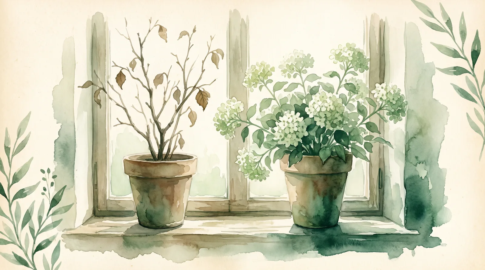 Acuarela de dos plantas en el mismo alféizar y con la misma luz: la de la izquierda ha perdido todas sus flores y está desnuda; la de la derecha sigue en plena floración.