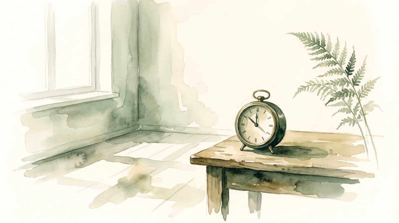 Acuarela de un reloj de cuerda sobre una mesa de madera en una habitación vacía, con luz pálida de ventana y una planta asomando por el borde.